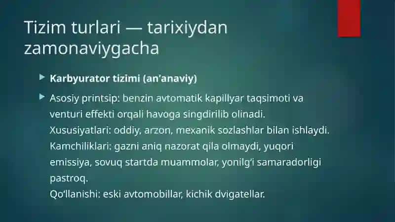 Benzinli dvigatellarning ta’minlash tizimlari. 4