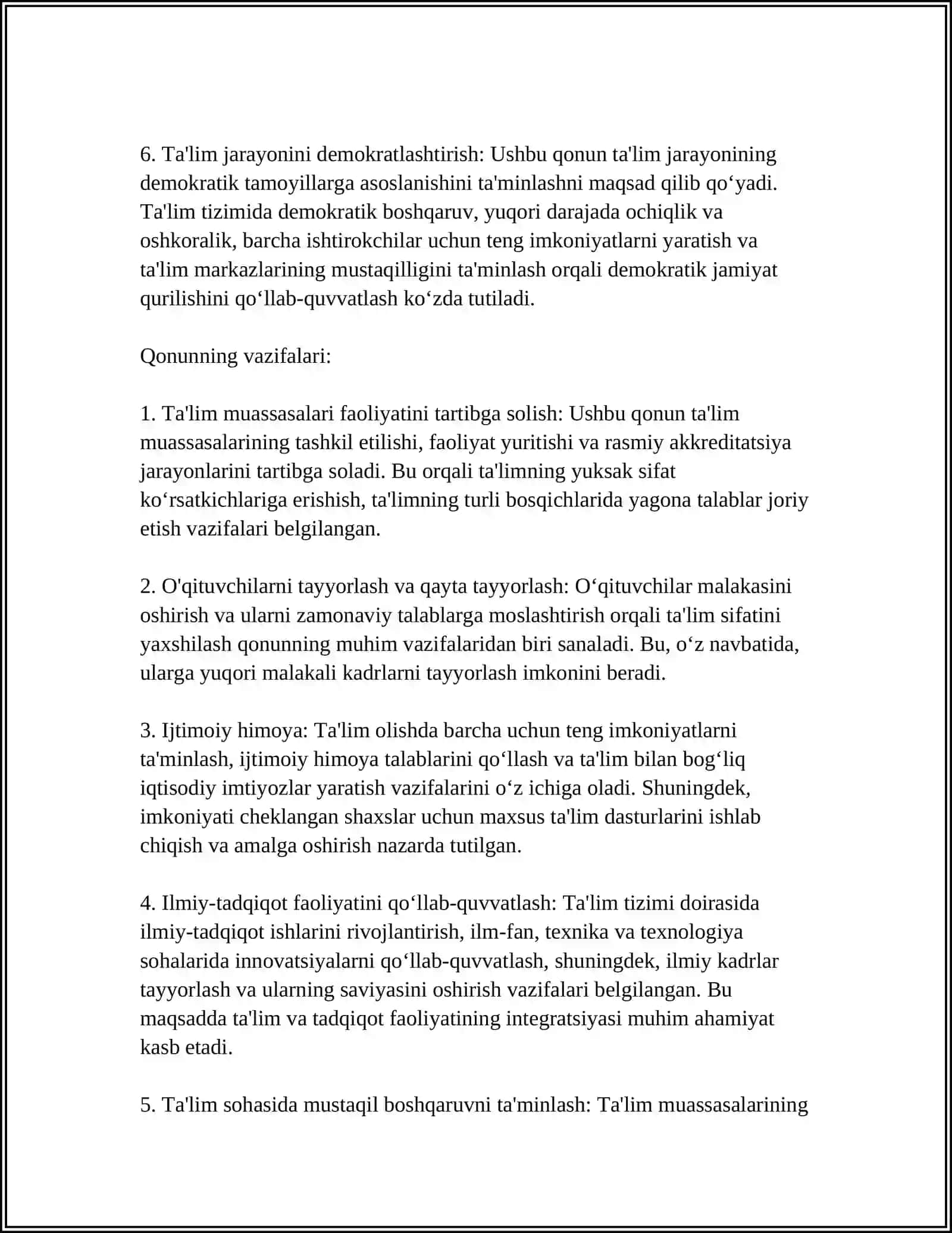 O'ZBEKISTON RESPUBLIKASINING "TA'LIM TO'G'RISIDA"GI QONUNI 4