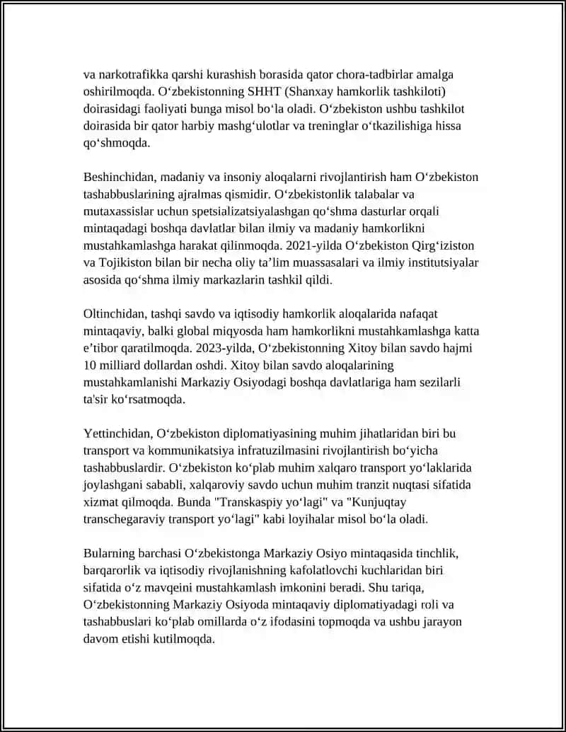 O'ZBEKISTONNING MARKAZIY OSIYODA TINCHLIK VA BARQARORLIKNI TA'MINLASHDAGI O'RNI 4