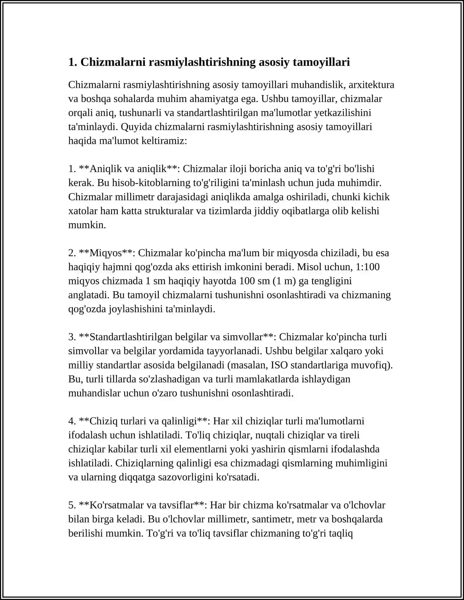 KXYASNING ASOSIY QOIDALARI BO’YICHA CHIZMALARNI RASMIYLASHTIRISH.FORMATLAR, MASSHTABLAR,CHIZIQ TURLARI,CHIZMA SHRIFTLARI 4