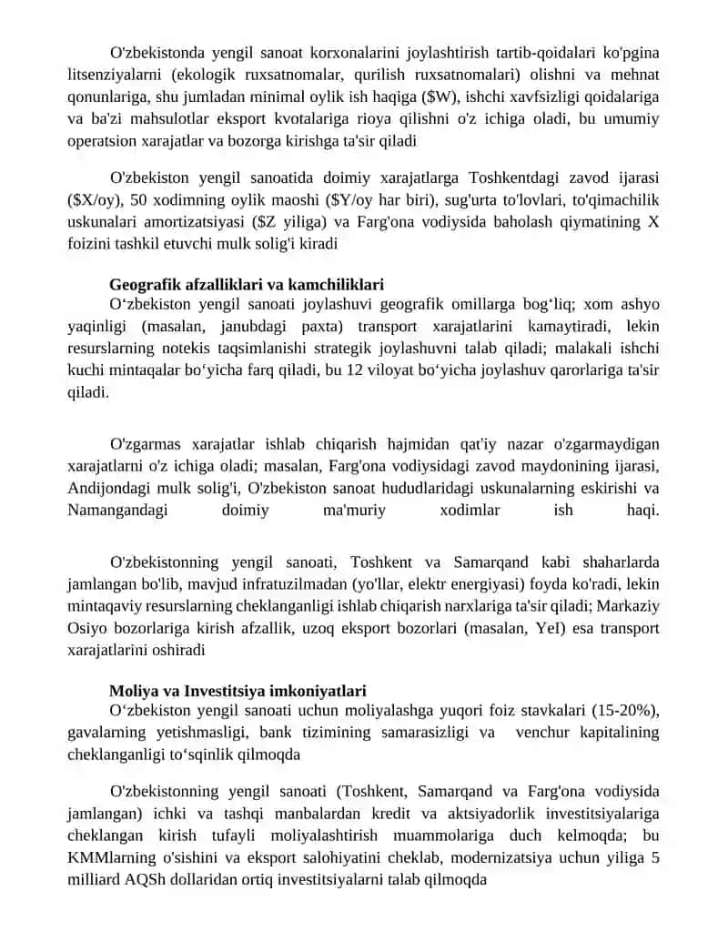 O'zbekistonda yengil sanoatni joylashtirishni o'ziga xos xususiyatlari 4
