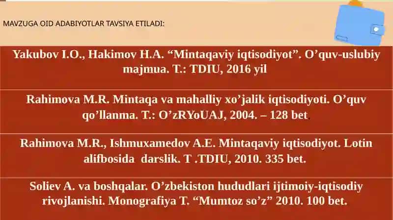 Yakubov I.O., Hakimov H.A. “Mintaqaviy iqtisodiyot”. O’quv-uslubiy majmua 4