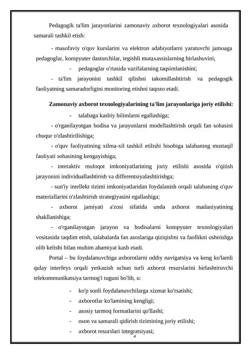 PEDAGOGIK KOMPETENTLIKNI SHAKLLANTIRISHDA PEDAGOGIK TEXNOLOGIYALARNI LOYIHALASHTIRISH VA REAJALASHTIRISH YO’LLARI 4
