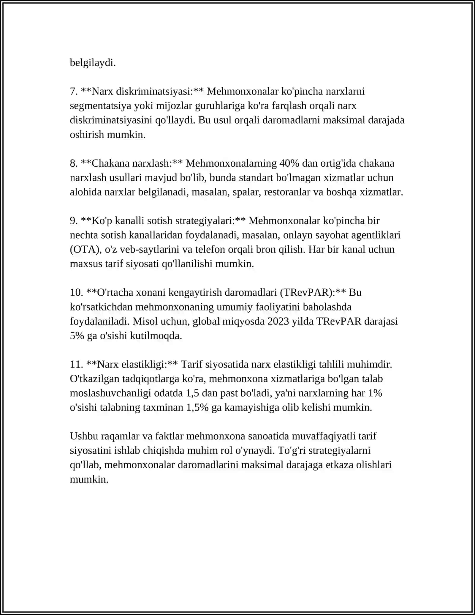 MEHMONXONA SANOATIDA XIZMATLAR NARXINI BELGILASH TARIF SIYOSATINI YARATISH 4