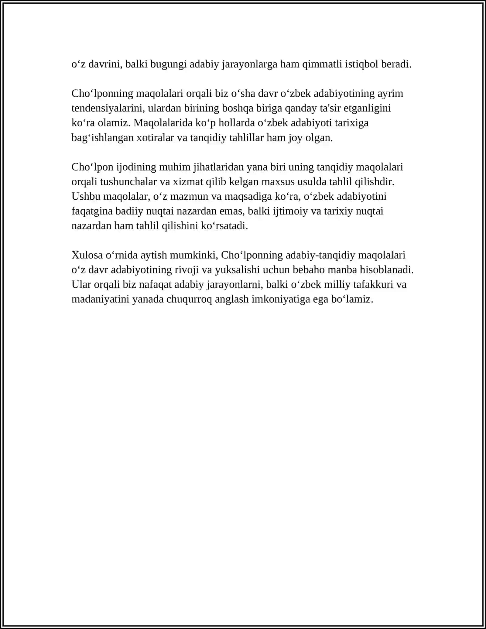CHO'LPONNING ADABIY-TANQIDIY MAQOLALARNI O'QIB O'RGANISH.OG'ZAKI VA YOZMA ADABIYOT NAMUNALARINI TAHLILI 4