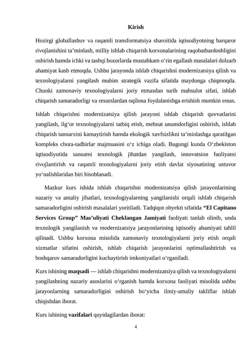 Ishlab chiqarishni modernizatsiya qilish va texnologiyalarning yangilanishi "El Capitano Services Group" Mas'uliyati 4