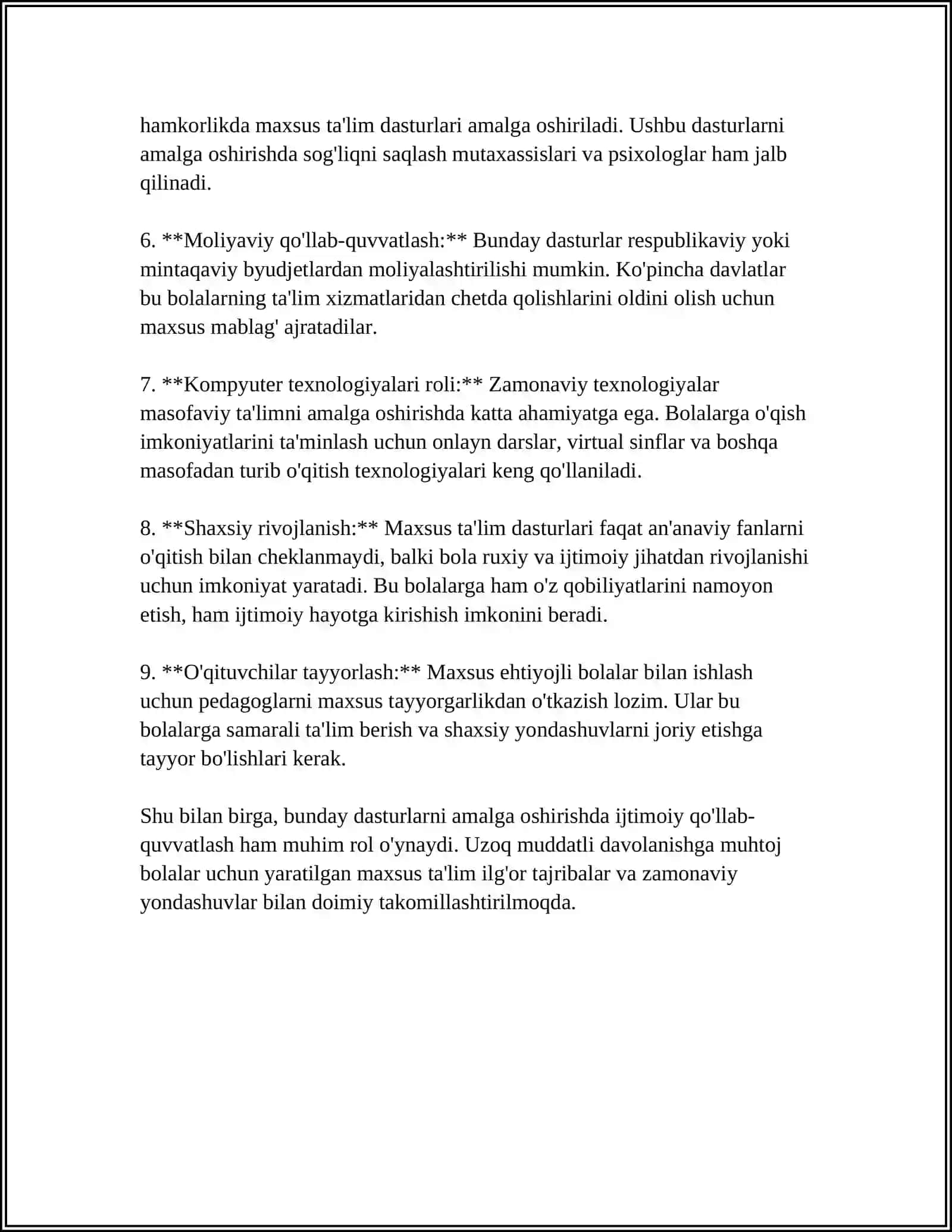 UZOQ MUDDATLI DAVOLANISHGA MUHTOJ BOLALAR UCHUN TA' LIMNI TASHKIL ETISH 4