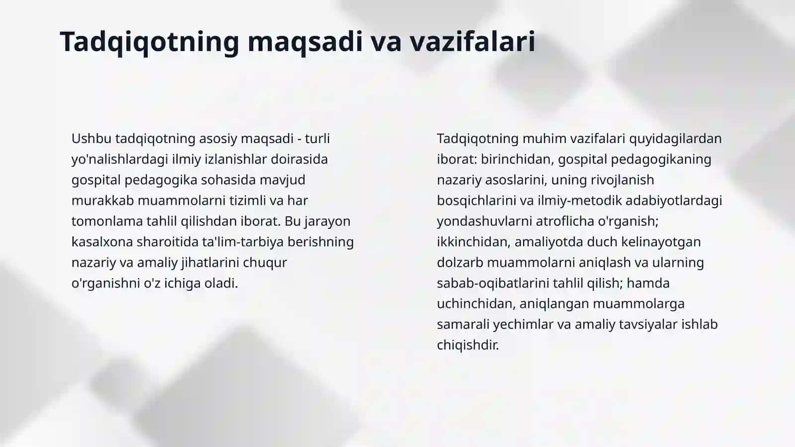Turli yo'nalishdagi ilmiy tadqiqotlarda gospital pedagogika muammo larini o'rganish. 4