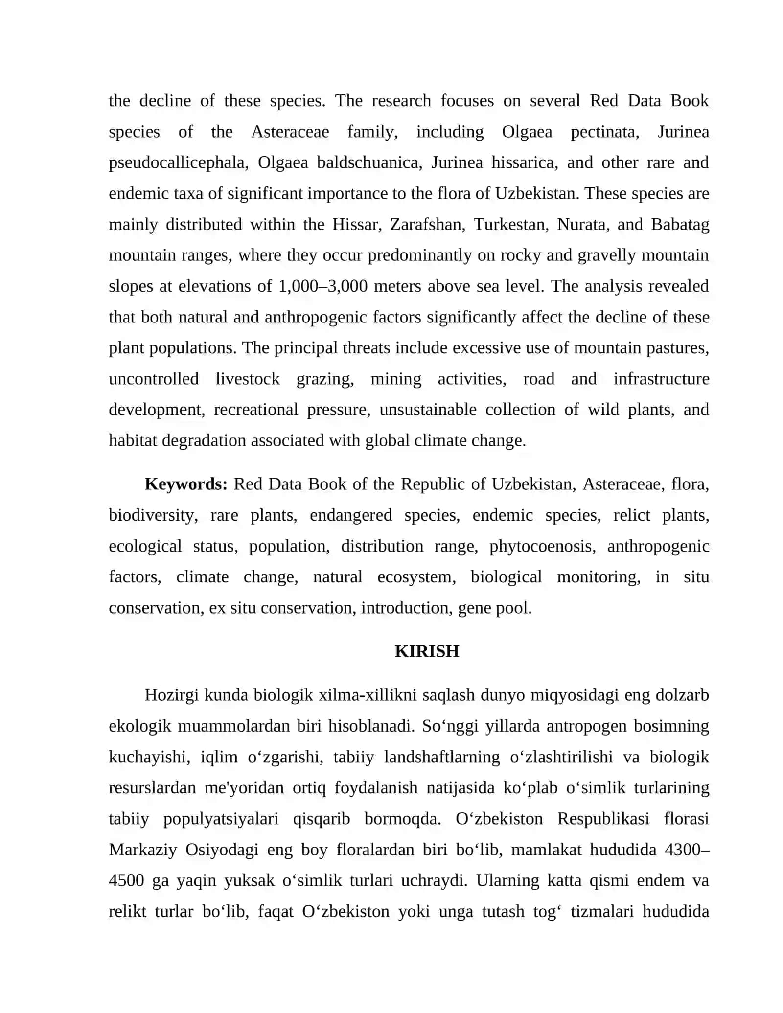 "Oʻzbekiston Respublikasi Qizil kitobi 2016-2019 nashri asosida Murakkabguldoshlar ( Asteraceae) oilasiga mansub oʻsimliklarning hozirgi ekologik holati va muxofazasi" 4