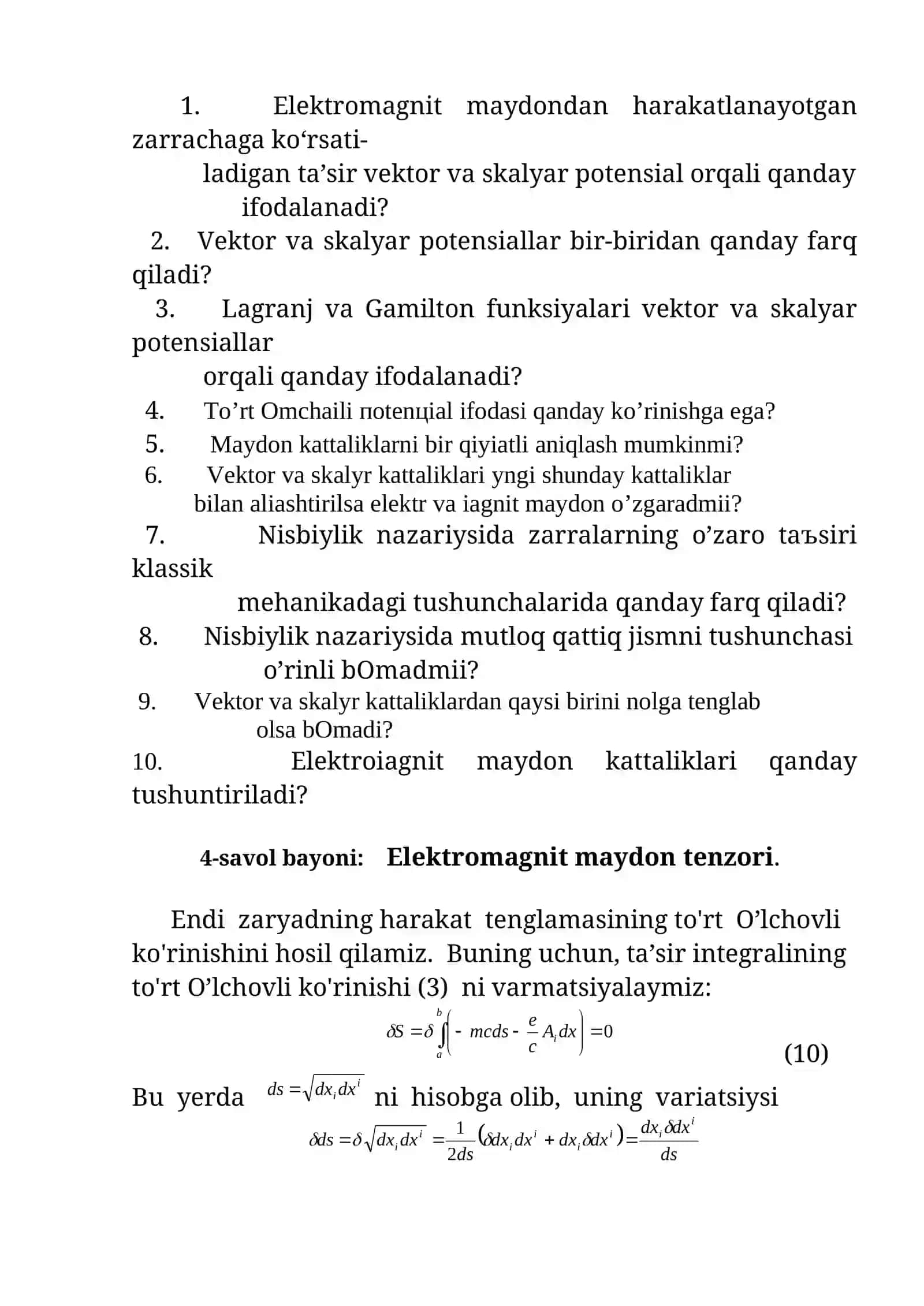 3-savol bayoni: To’rt O’lcham potensial 4