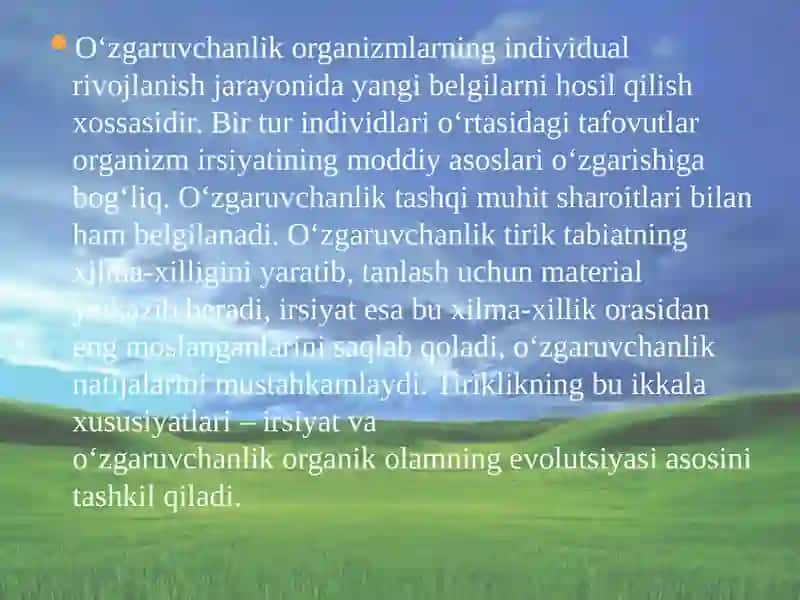 Noallel genlarning o‘zaro ta’siri.  Modifikator genlar. O‘zgaruvchanlikning  umumiy  qonuniyatlari. Fenotipik  va  genotipik o‘zgaruvchanlik. 4