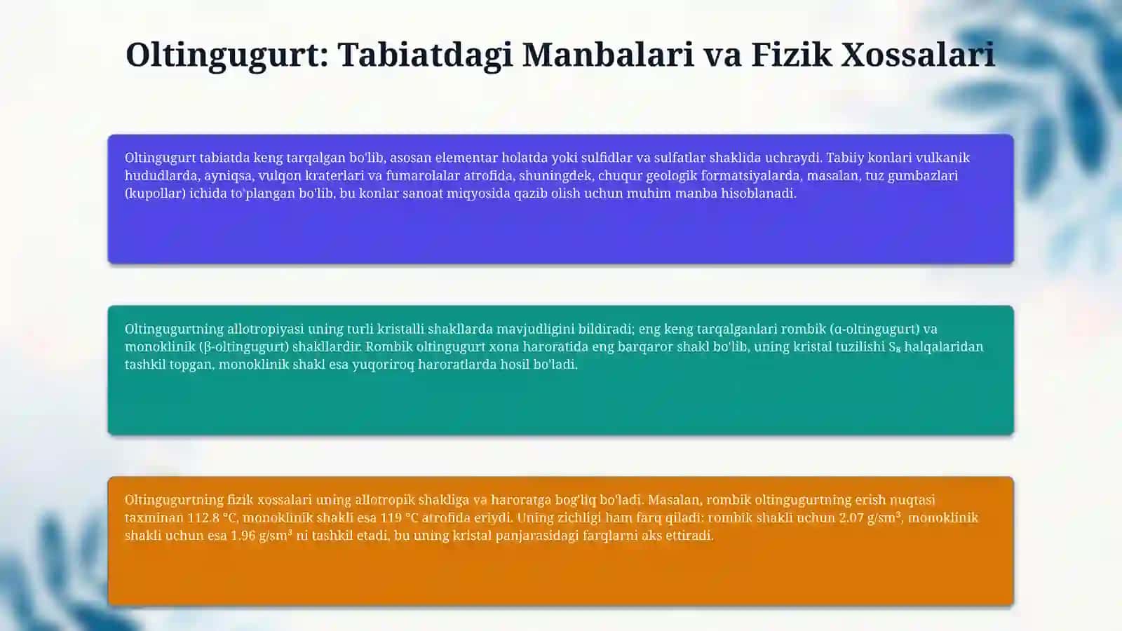 Oltingugurt va sulfat kislotaning xossalari,ishlatilishi va olinishi.Oltingugurt 4 oksidini olish 4