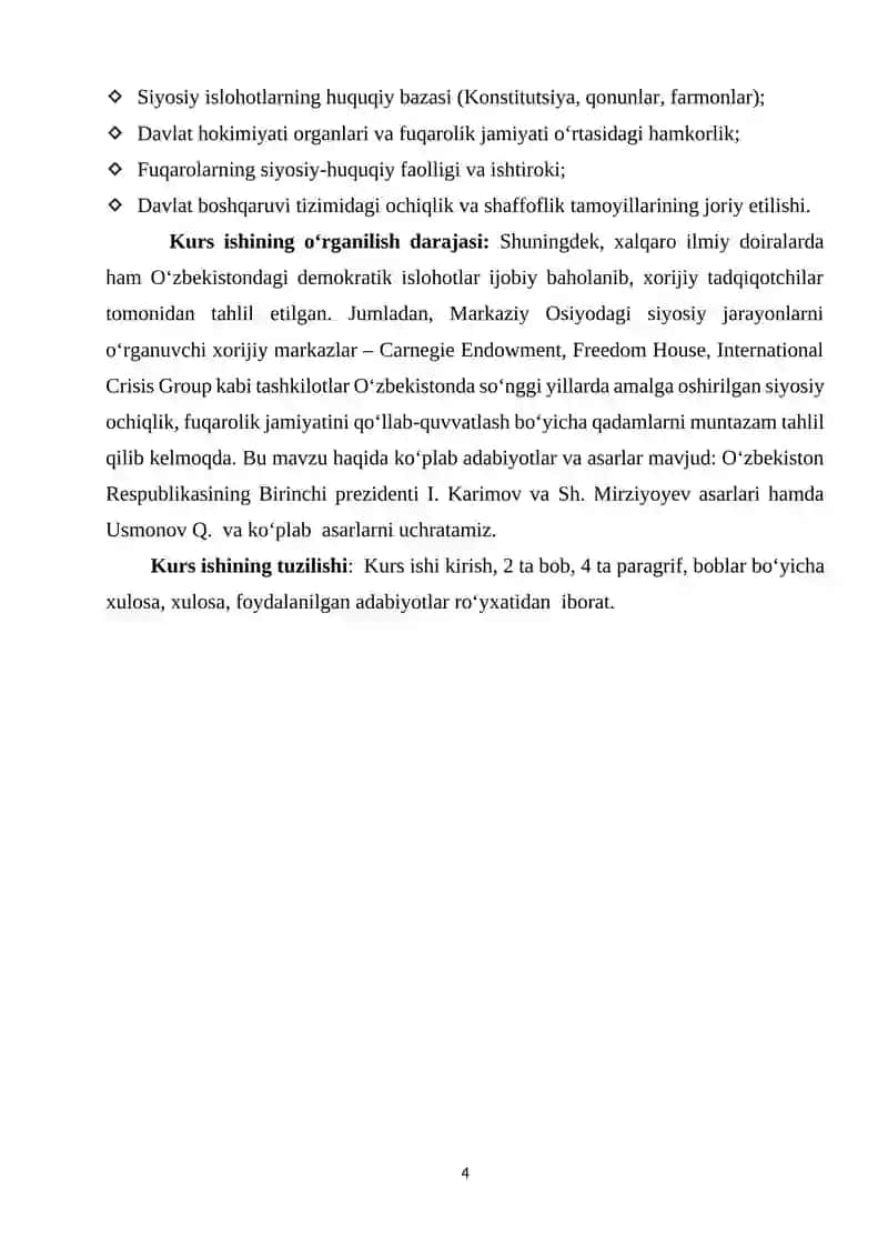 O‘ZBEKISTONDA DEMOKRATIK, FUQAROLIK JAMIYATI ASOSLARINING SHAKLLANISHI, AMALGA OSHIRILGAN SIYOSIY ISLOHOTLAR. 4