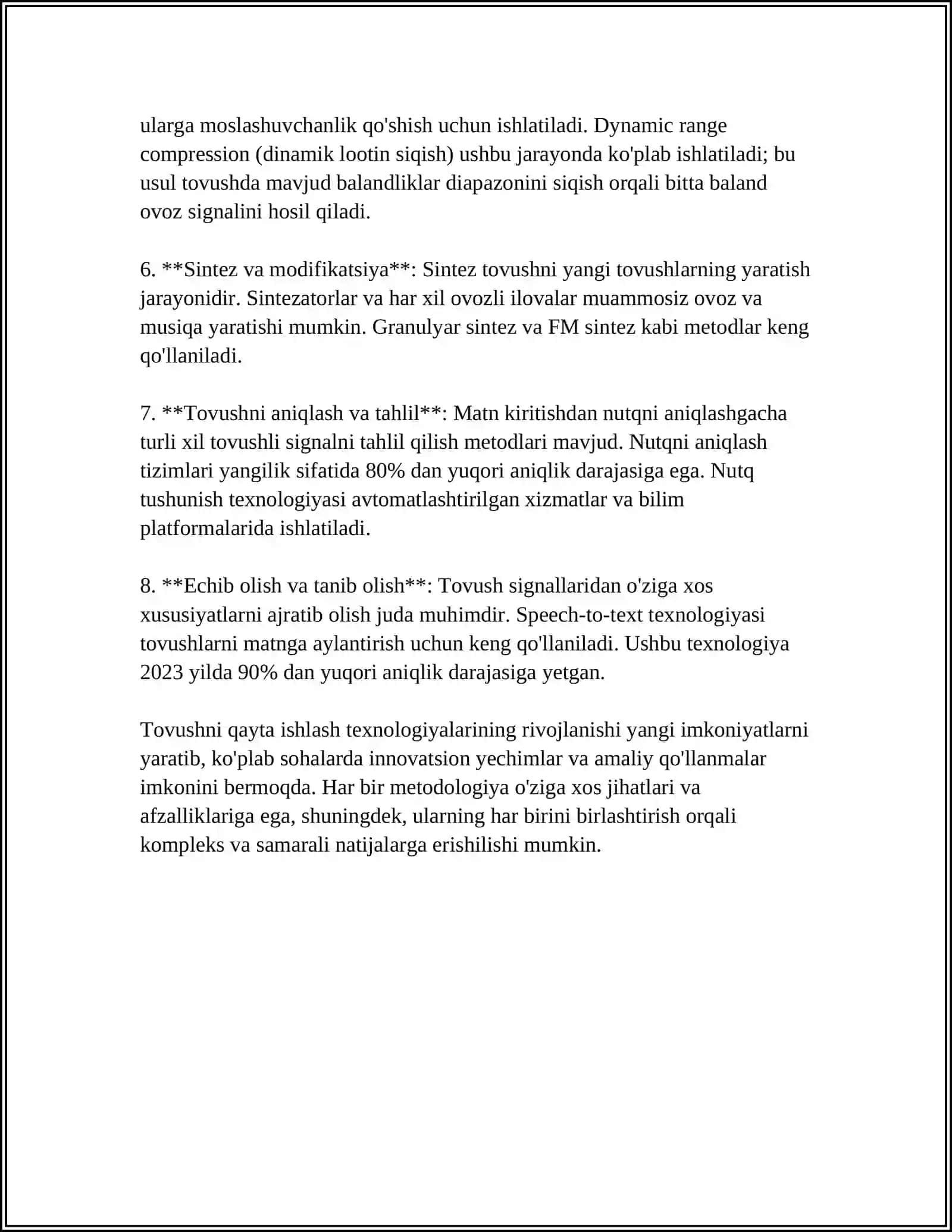 NUTQNI ANIQLASH UCHUN TOVUSHNI QAYTA ISHLASH USULLARINI TAQQOSLASH 4