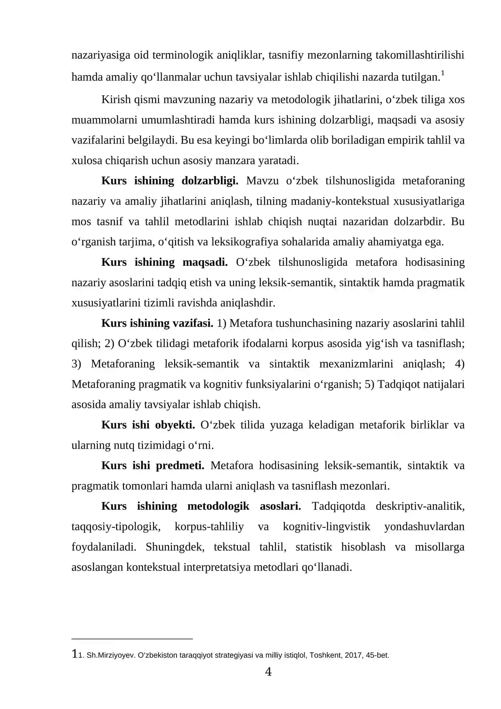 “O‘ZBEK TILSHUNOSLIGIDA METAFORA HODISASINING TALQINI” MAVZUSIDAGI TAYYOR KURS ISHI 4