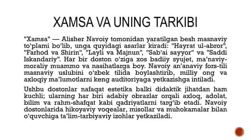 "Xamsa" — Alisher Navoiy tomonidan yaratilgan besh masnaviy to‘plami bo‘lib, unga quyidagi asarlar k 4