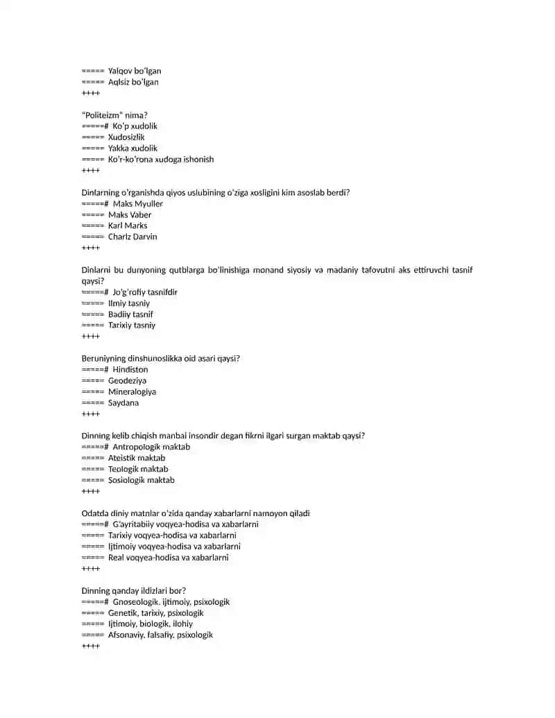 Dinshunoslik. testlar to'plami 4