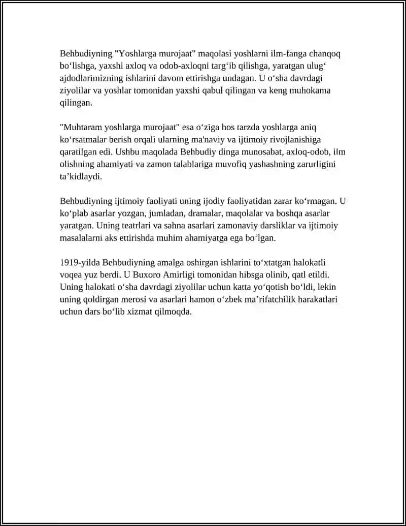 M. BEHBUDIYNING "YOSHLARGA MUROJAAT " VA "MUHTARAM YOSHLARGA MUROJAAT " MAQOLASI TAHLIL ETISH. (ESSE) 4