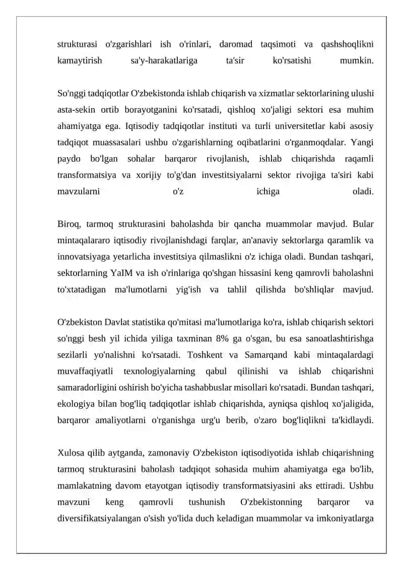 Zamonaviy O'zbekiston iqtisodiyotida ishlab chiqarishning tarmoq strukturasining evalutsiyasi 4