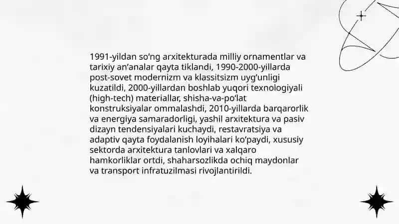 Mustaqillik yillarida, binokorlik va memorchilik 4