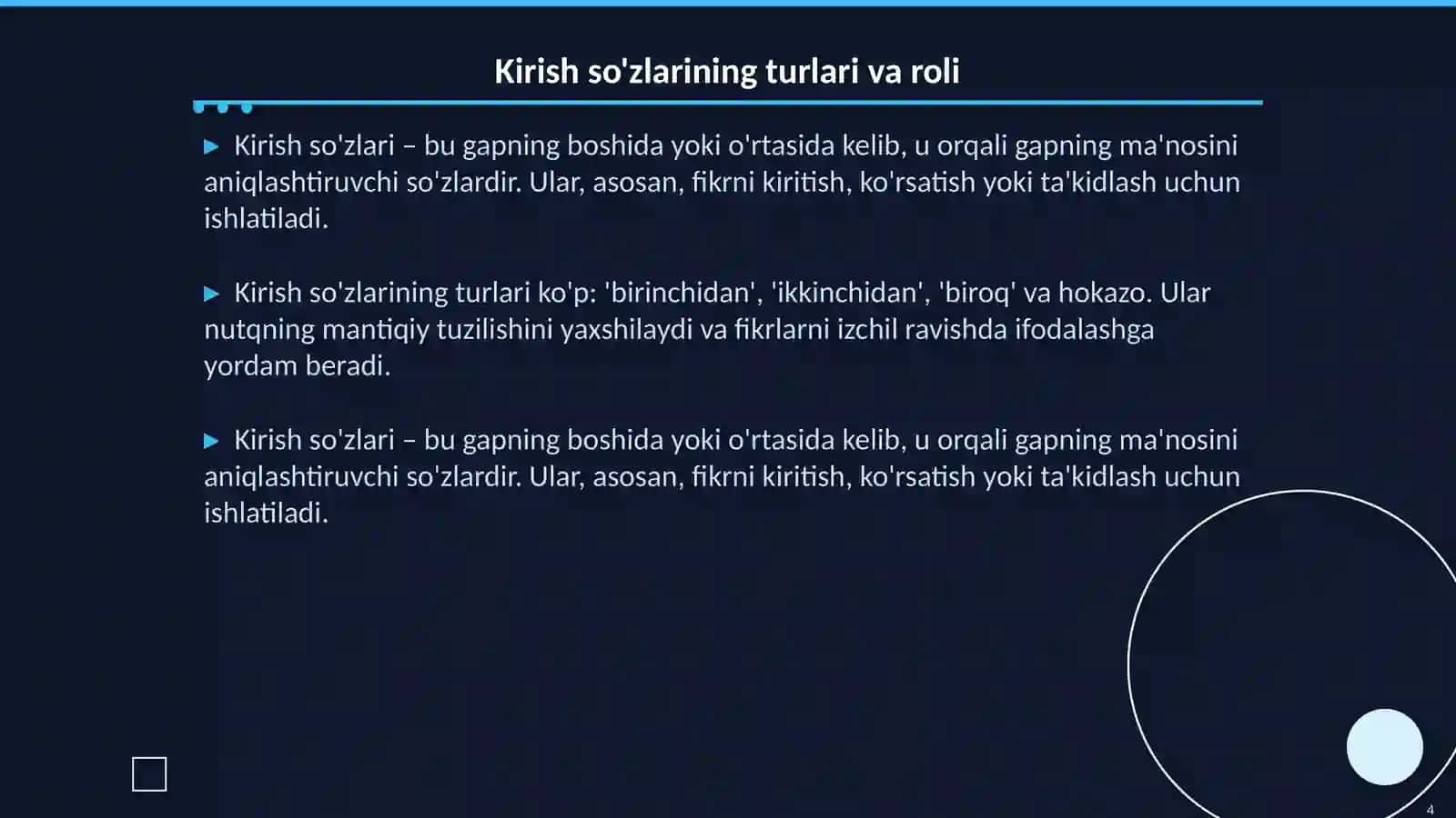 Undalma va kirish soʻzlar. Bogʻlangan qoʻshma gapni tashkil etishda teng bogʻlovchilarning roli 4