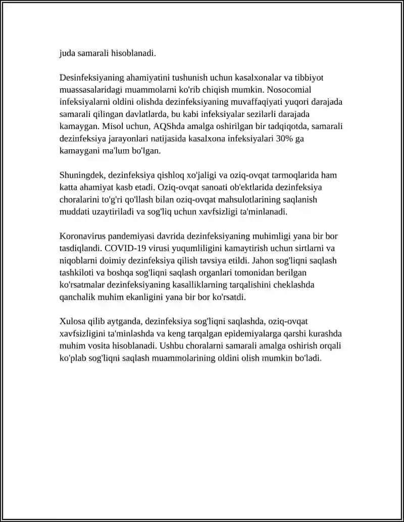 REFERAT Mavzu: OʻTA XAVFLI YUQUMLI KASALLIK UCHOQLARIDA O'TKAZILADIGAN DEZINFEKSIYA, DEZINFEKSIYA VA DERATIZASIYA TADBIRLARI 4