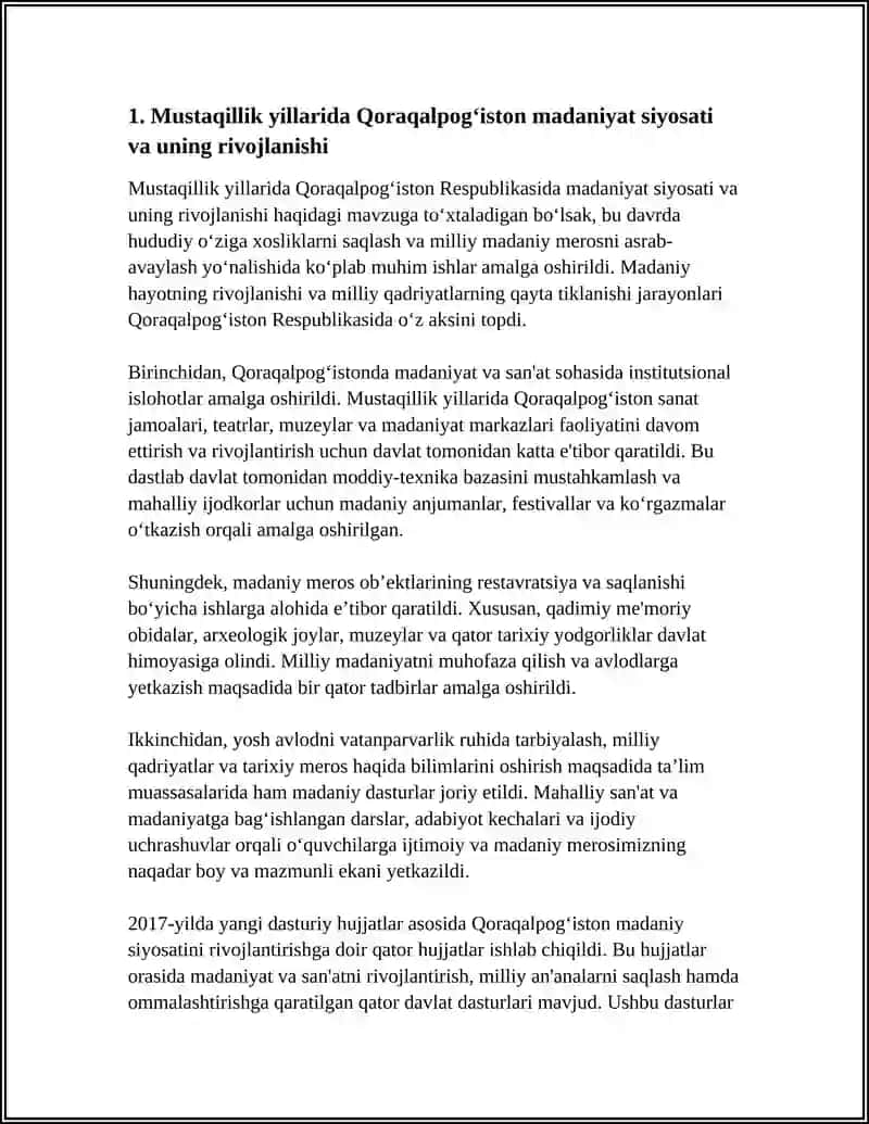 MAVZUSI:MUSTAQILLIK YILLARIDA QORAQALPOGʻISTON RESPUBLIKASIDA MADANIY HAYOT 4