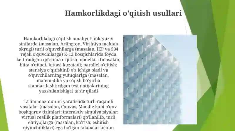 Ta'lim mazmuni. Maxsus o'qitishning zamonaviy shakillari 4