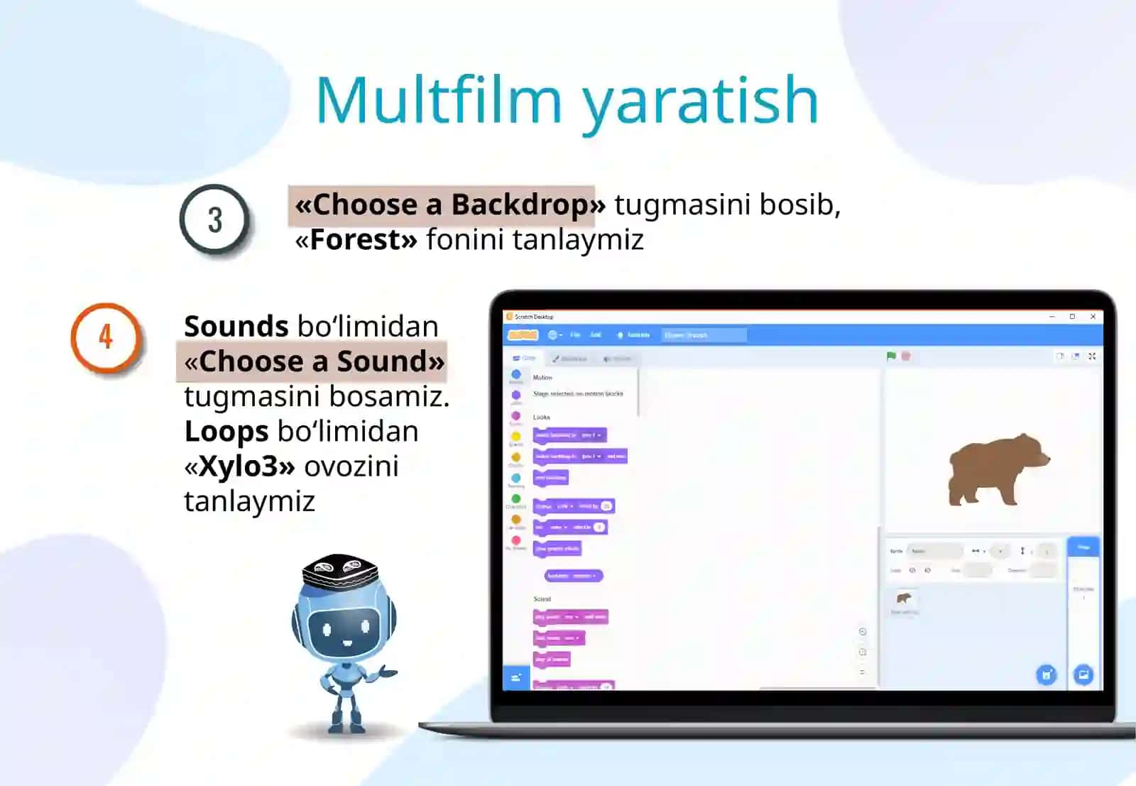 Scratch muhitida soddalik multfilm yaratish 4