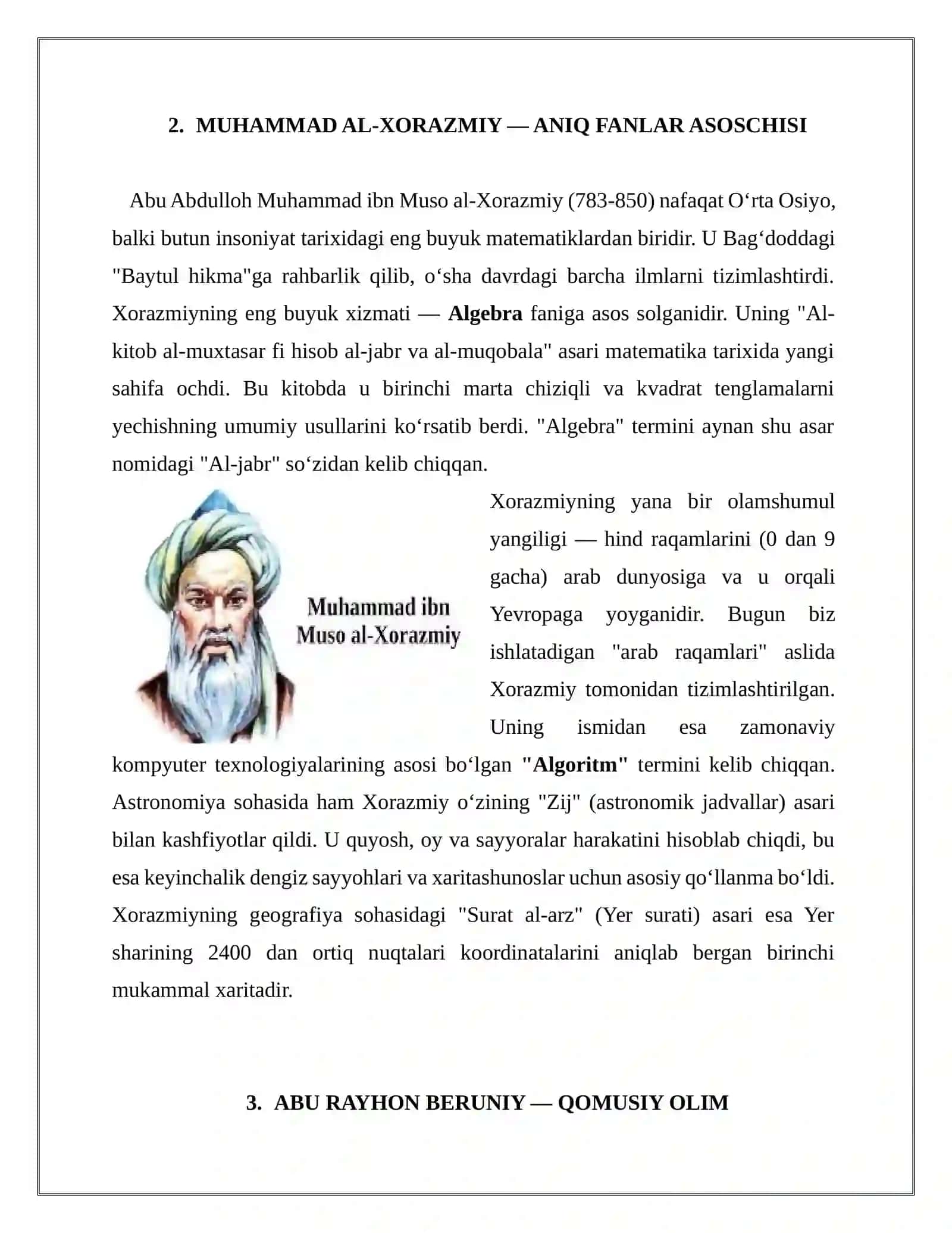 O‘RTA ASRLARDA SHARQ UYG‘ONISH DAVRI ILM-FANI: AL-XORAZMIY VA BERUNIY MEROSI 4