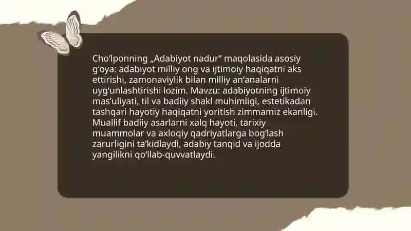 Choʻlponning adabiyot nadur maqolasi tahlili 4