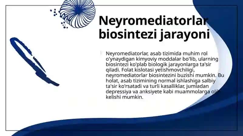 Neyromediatorlar biosintezi, ahamiyati va kasalliklari,folat kislotasining yetishmovchiligi. Sulfanilamid preparatlarining bakteriostatik taʼsir mexanizmi. Aminokislotalar almashinuvining tugʻma kasalliklari 4