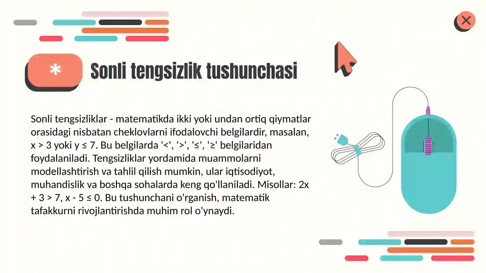 O‘quvchilarni sonli tenglik va sonli tengsizlik bilan tanishtirish 4