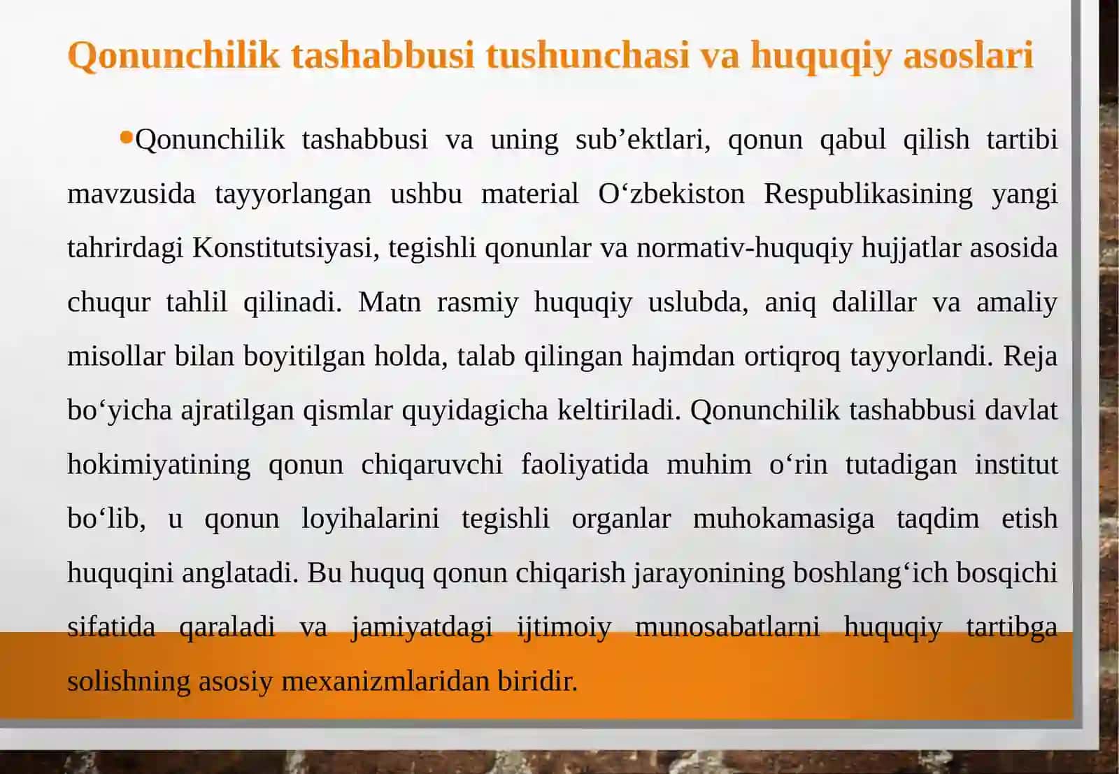 Qonunchiliktashabbusi va uning sub’ektlari, qonun qabul qilish tartibi 4