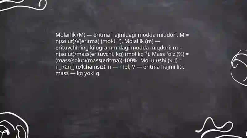 Suyuq eritmalar va ularning konsentiratsiyasi. Raul qonuni. Genri qonuni. Osmotik bosim 4