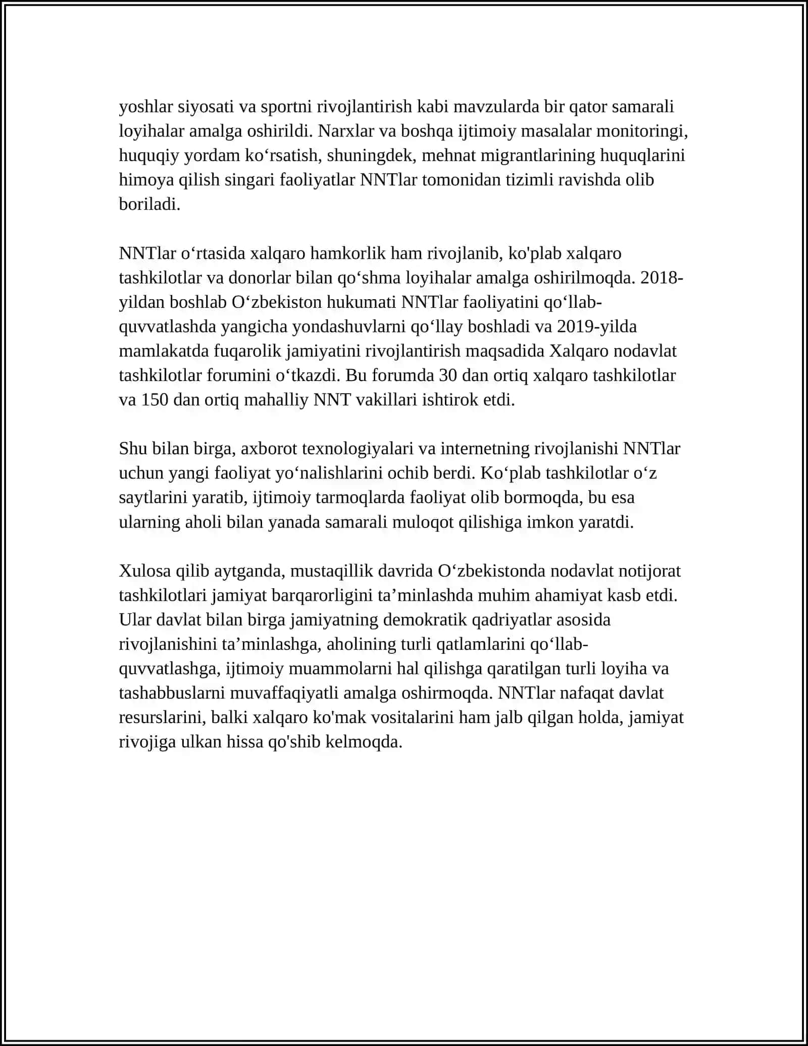 MUSTAQIL IZLANUVCHI MUSTAQIL ISH TADBIRKORLIKNI RIVOJLANTIRISHDA NODAVLAT NOTIJORAT TASHKILOTLARINING O'RNI 1991-2024-YILLAR 2024-2025-o'quv yili 4