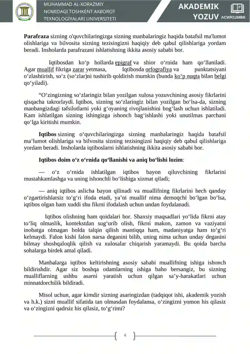 MAVZU ILMIY TADQIQOT MATNINI YARATISH. IQTIBOS KELTIRISH NAZARIY BILIMLAR 4