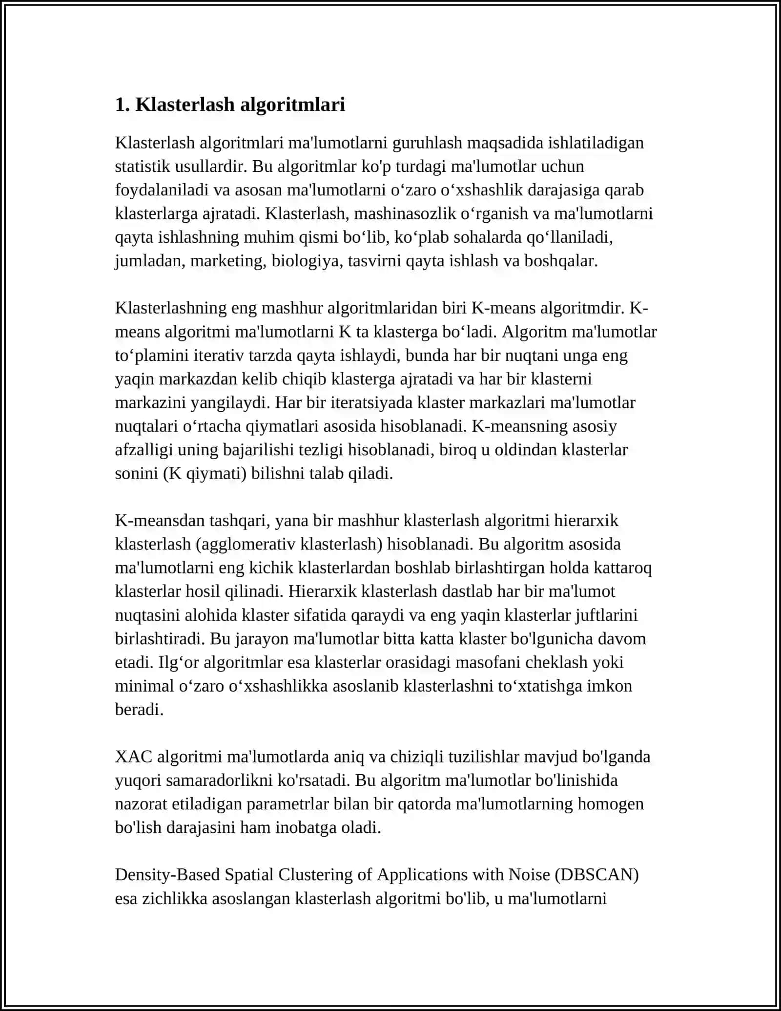 KLASTERLASH VA TASNIFLASH USULLARIDAN FOYDALANGAN HOLDA FOYDALANUVCHI SOROVLARINI QAYTA ISHLASH 4