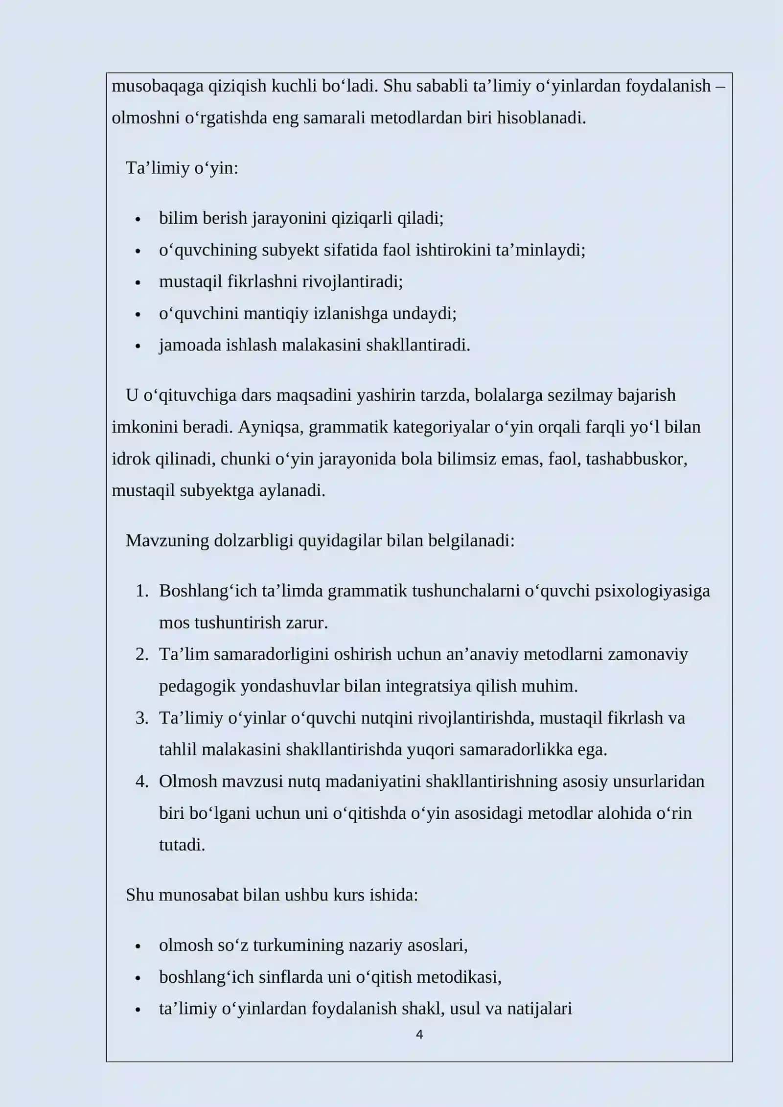 BOSHLANG‘ICH SINF O‘QUVCHILARIGA OLMOSHNI O‘RGATISHDA TA’LIMIY O‘YINLARDAN FOYDALANISH METODIKASI 4