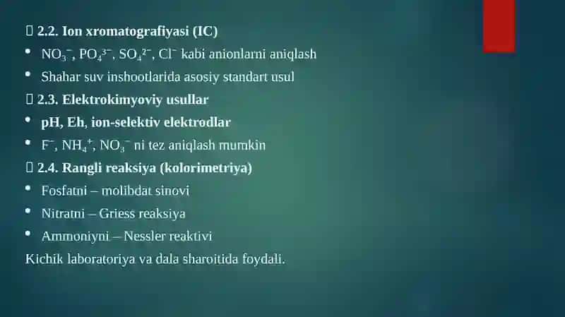 Tuproq vasuvning ifloslanishida ion bog’lanishli birikmalarini aniqlab uchraydigan asosiy ifloslantirgichlar 4