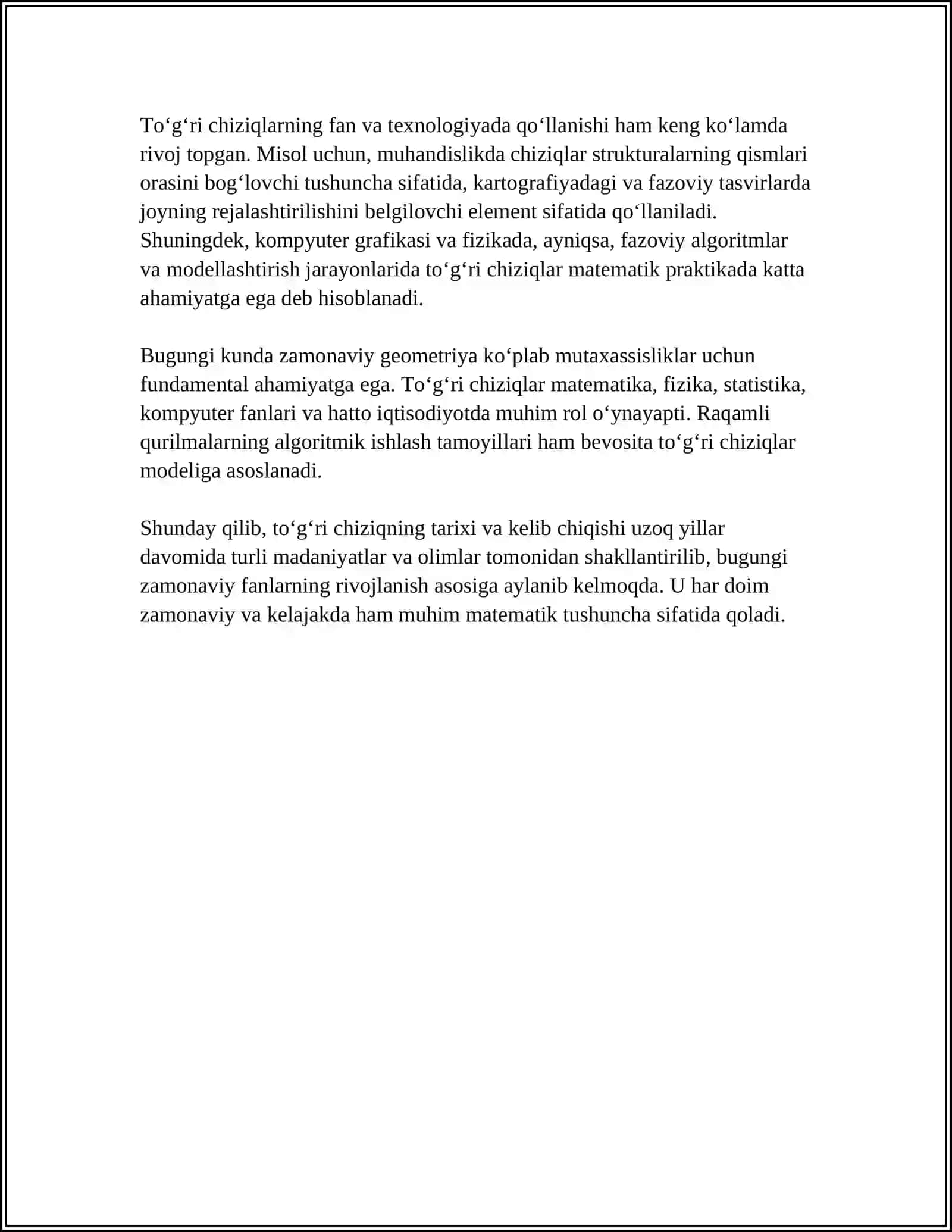 TO‘G‘RI CHIZIQ, NUQTA VA TEKISLIK TUSHUNCHALARI QANDAY VUJUDGA KELGANINI VA ULAR GEOMETRIYANING RIVOJLANISHIDA QANDAY O‘RIN TUTGANINI O‘RGANING 4