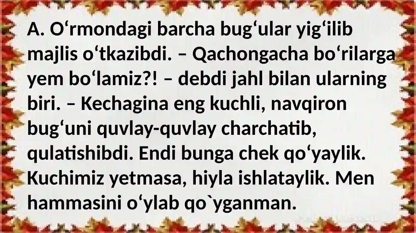 3-sinf Ona tili va o'qish fanidan Qo'rqoq bug'u mavzuda dars ishlanma 4