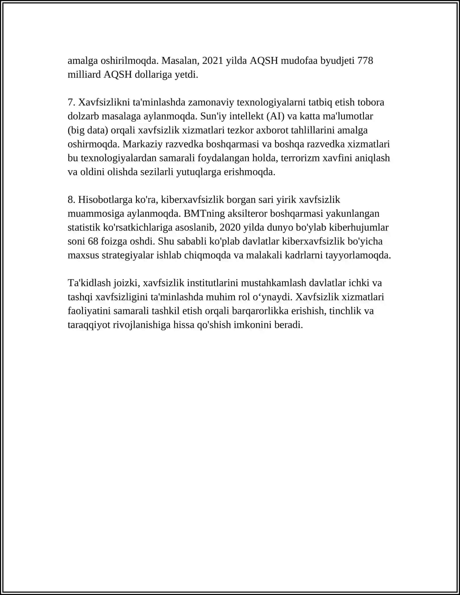 MILLIY XAVFSIZLIK TA'MINLASH BORASIDA AMALGA OSHIRILAYOTGAN ISHLAR 4