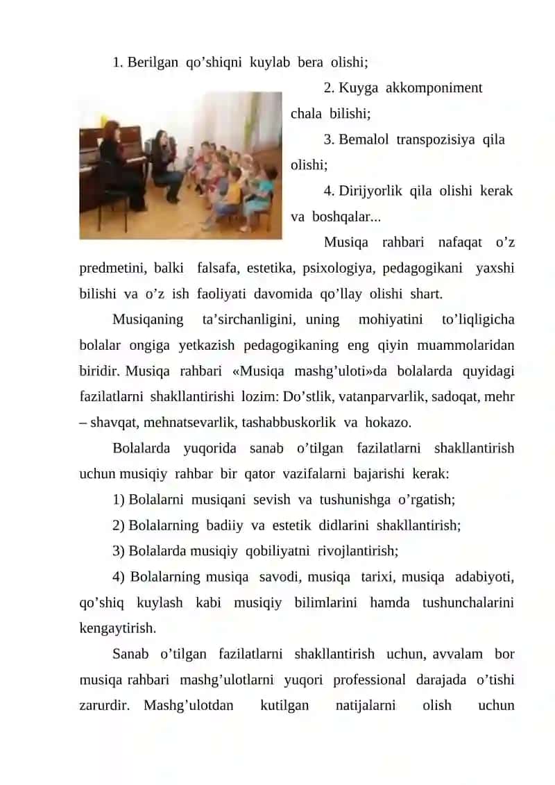MUSIQA MASHG'ULOTLARIDA TARBIYALANUVCHILARNING IJODKORLIK QOBILIYATINI LOYIHALASHTIRISH VA ULARNING RIVOJLANISHINI DIAGNOSTIK TAHLIL QILISH 4