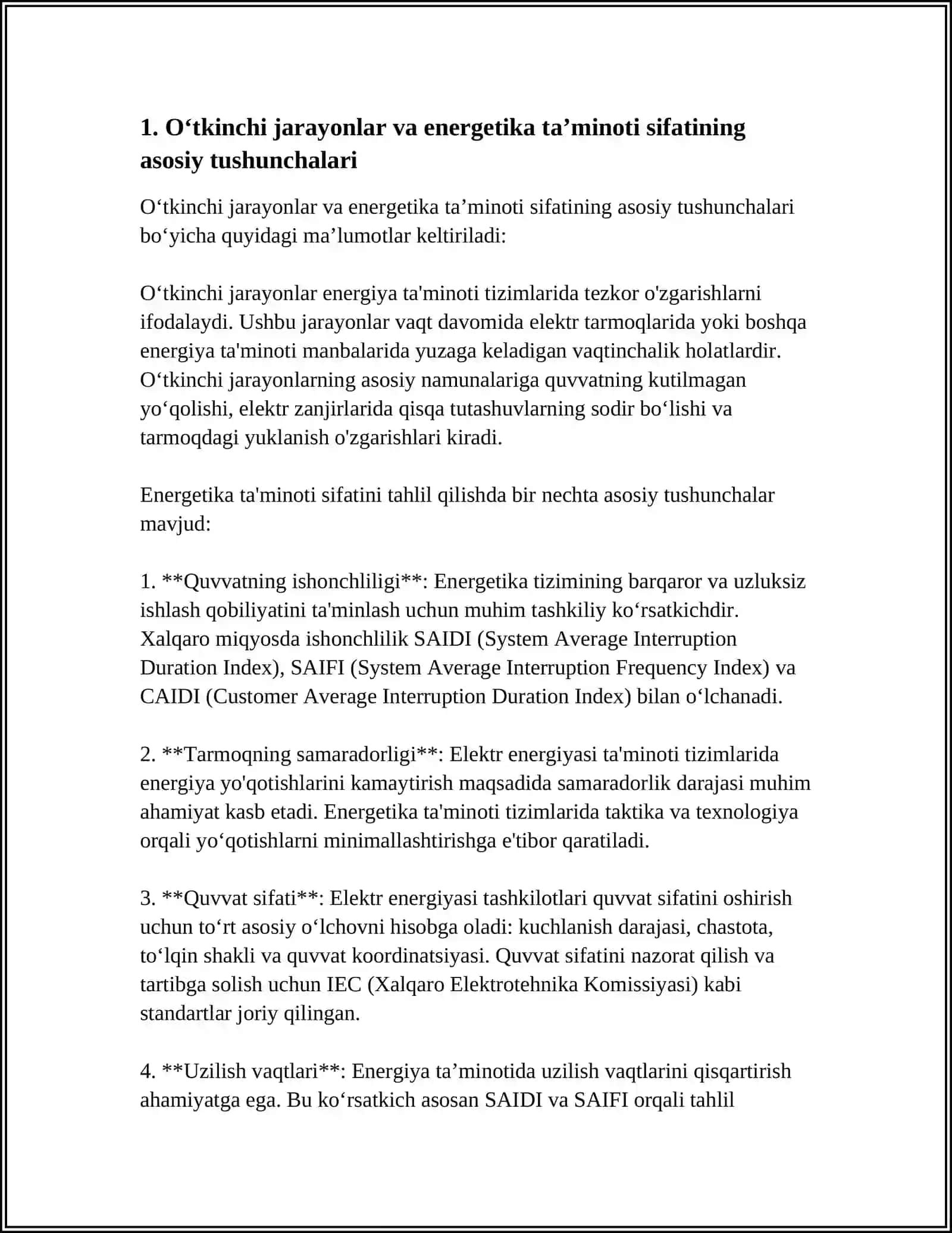 ENERGETIKA TA'MINOTI SIFATIGA O'TKINCHI JARAYONLARNING TA'SIRI 4