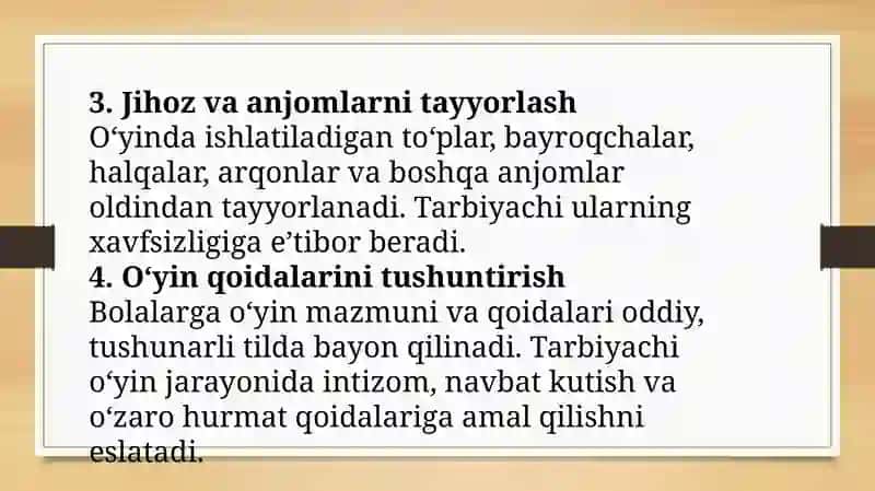 Maktabgacha ta’limda tarbiyachining harakatli o’yin o’tkazishga tayyorlanishi 4