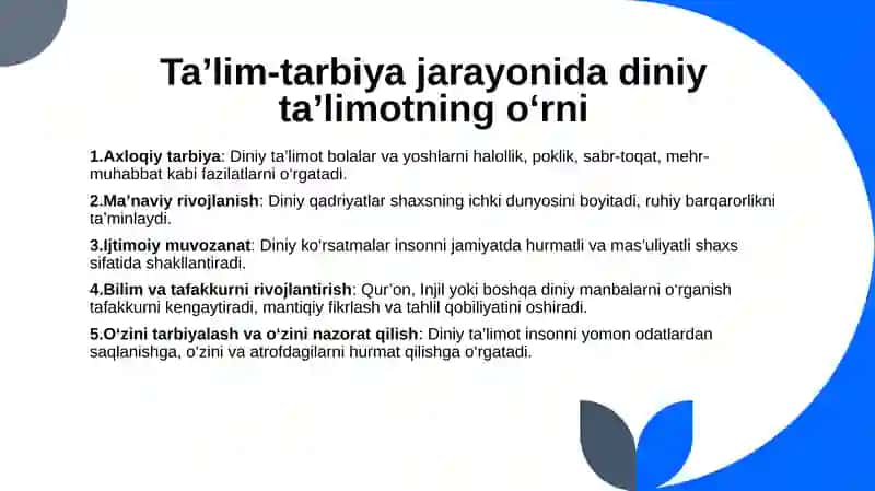 Taʼlim tarbiya jarayonida diniy taʼlimotlarning oʻrni 4