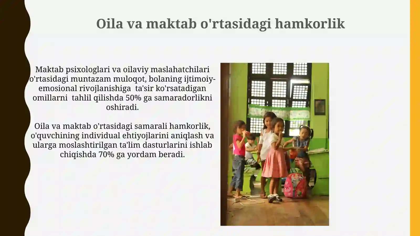 Kamida 30% ota-onalar va o'qituvchilarni o'z ichiga olgan treninglar va seminarlar o'tkazish 4