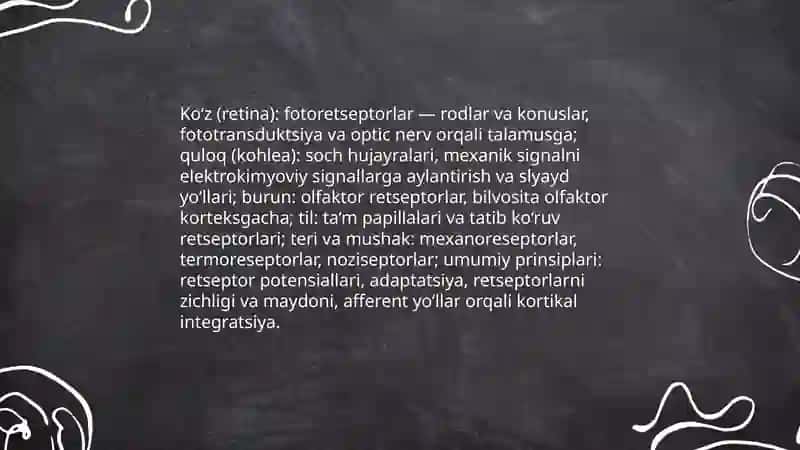 Mustaqil ish mavzusi: Sezgining tasnifi, sezgi klassifikatsiyalari, jismoniy mashqlar, chet el psixologiyasida sezgi nazariyalari. 4
