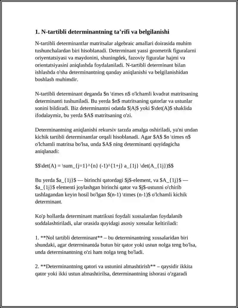 N-TARTIBLI DETERMINANTLAR VA ULARNING XOSSALARI 4